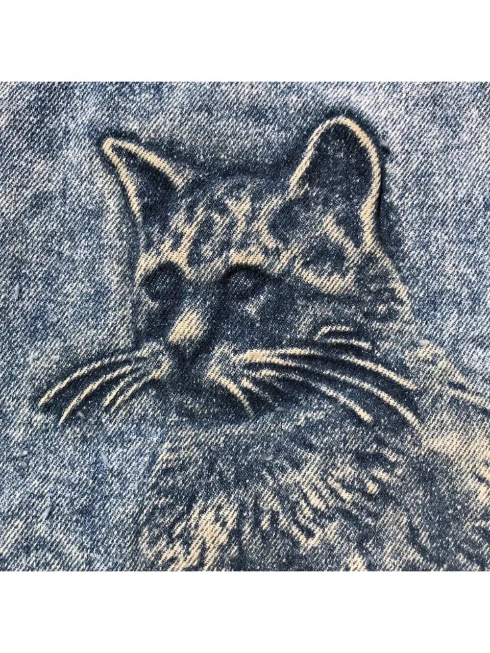 Vintage 90s TYCA 3D Embossed Denim Jacket Cut Panel Piece Cat Art DIY Craft USA